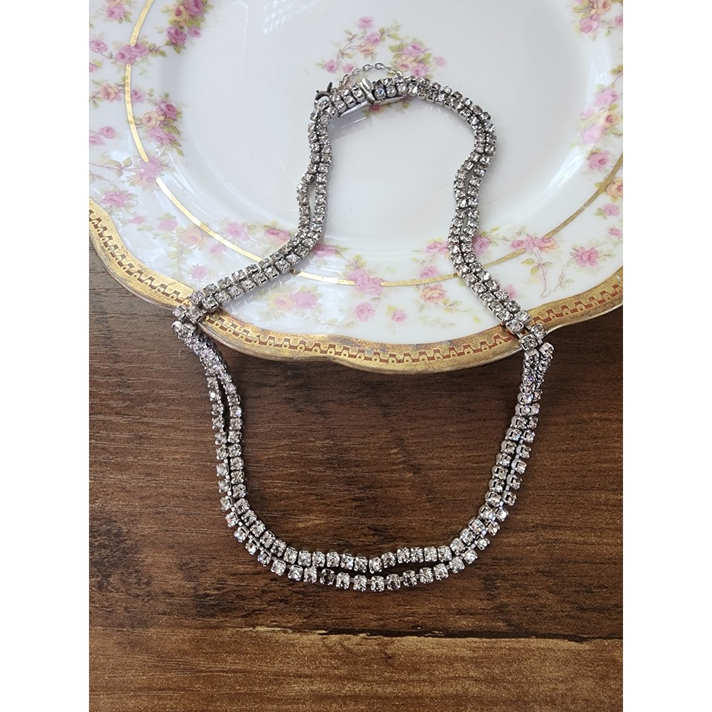 Vintage Double Strand Rhinestone Choker Necklace Silver Tone Tennis Style Glam